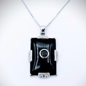 925 Sterling Necklace w Black Onyx, Red Garnet & Diamonds
